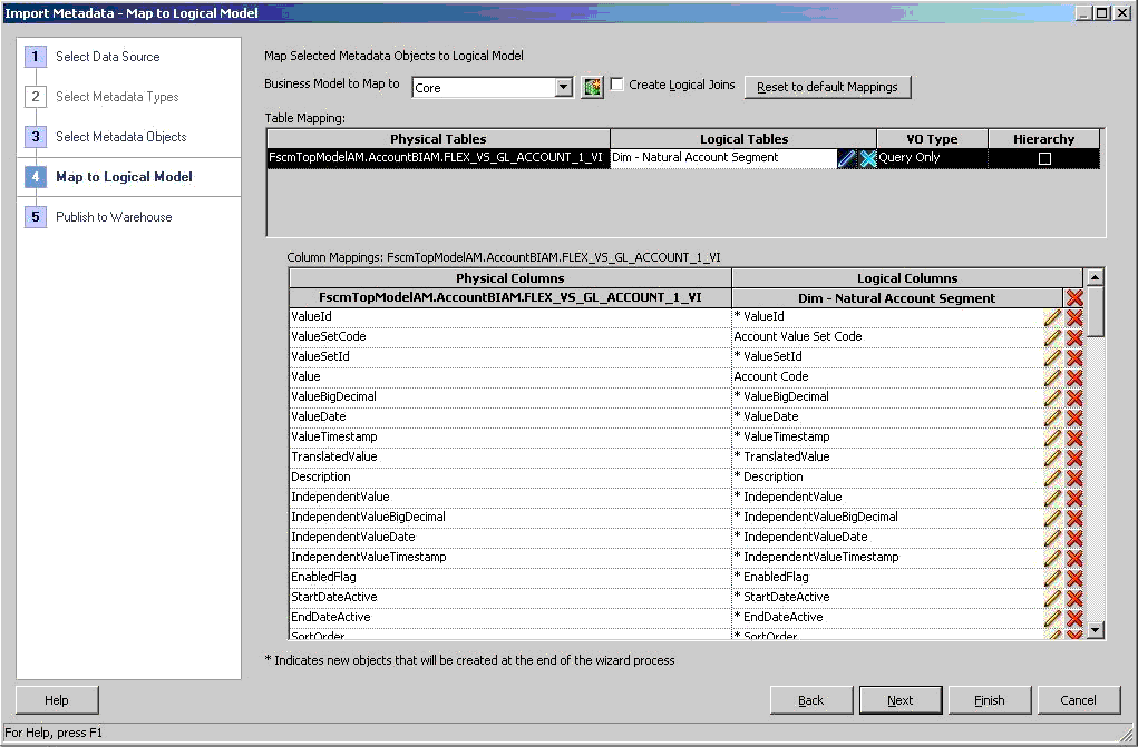 This screen shot displays the Import Metadata Map to Logical Model Wizard. Select the Value Set Based Segment logical dimension that the Flexfield Value Set view object is mapped to.