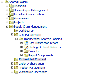 Different folders for Transactional Business Intelligence, BI Applications, and Embedded Reports folders.