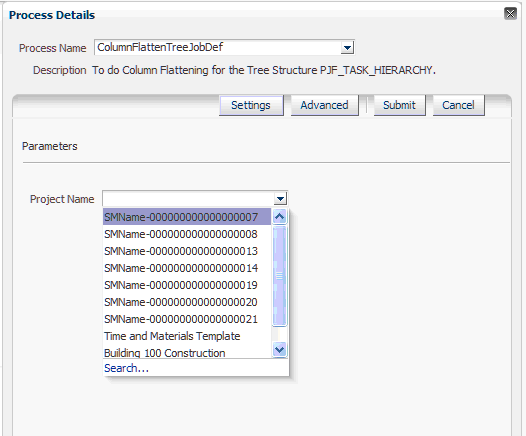 This screen shot displays how to select a project name from the Process Details window.