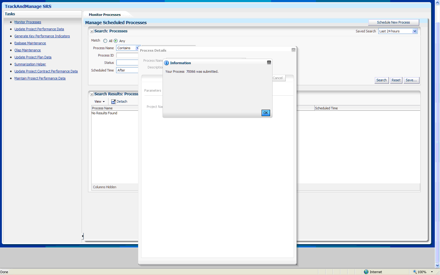 This screen shot displays confirmation on the process submission and to note the Process ID number.