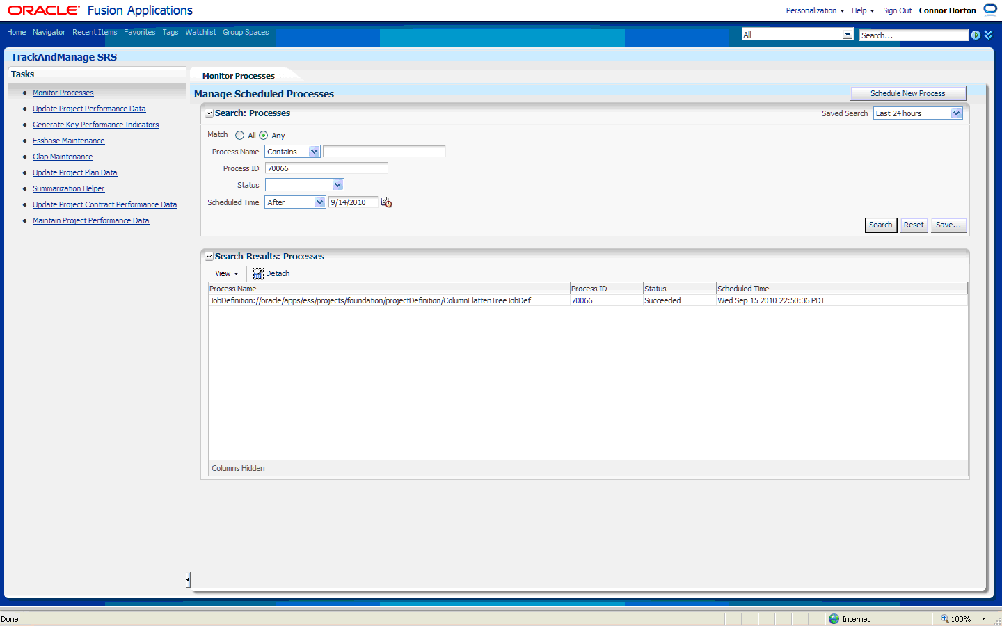 This screen shot displays the ESS column-flattening job as a background ESS process. and monitors the progress of the column-flattening job through the Process Status window using the previously returned Process ID.