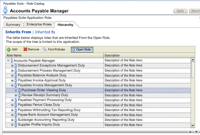 This screen shot displays the Sample Job Role and Duty Role Mappings displayed on the Hierarchy tab.