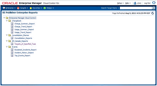 BIP reports listing from the Enterprise Manager console.