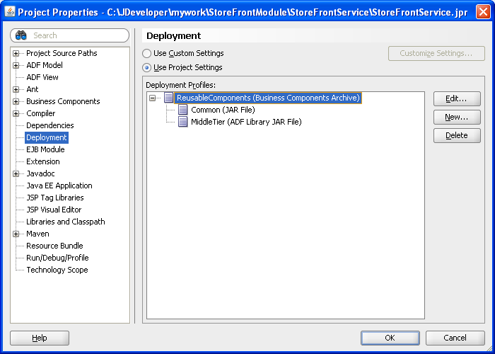 Deployment profile in Project Properties dialog