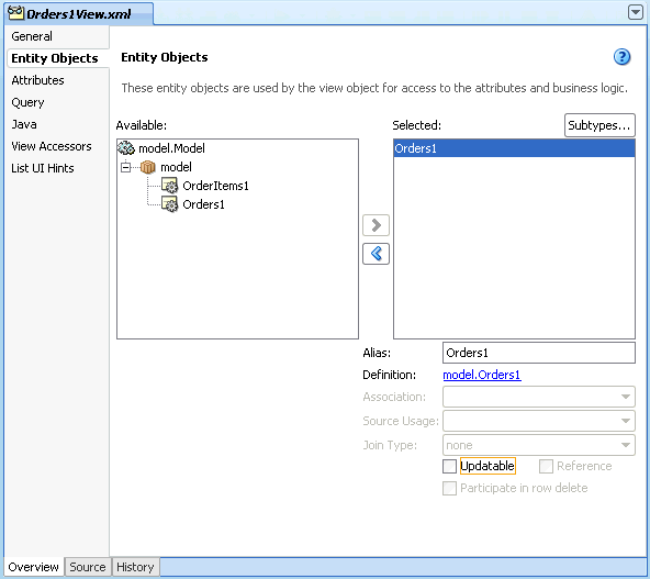 Updatable option deselected in view object editor