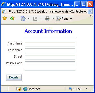New account page in a popup dialog