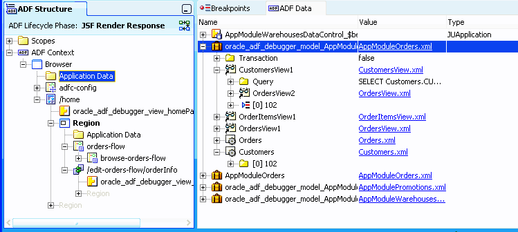ADF Data window showing BC4J services