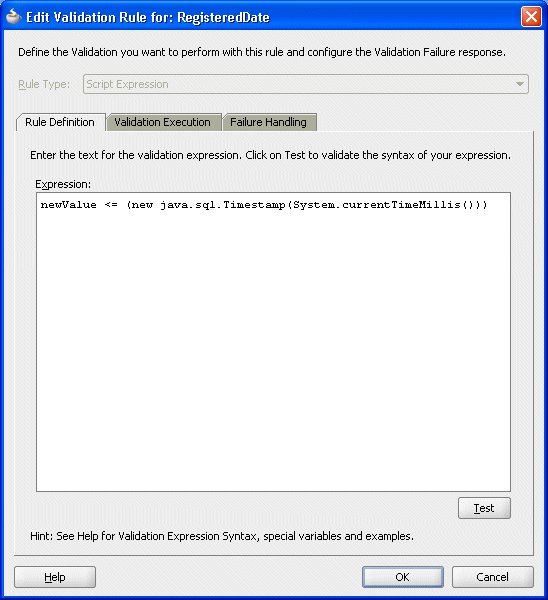 Image of Validation Expression in Validation Rule dialog