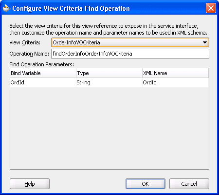 Configure View Criteria Find Operation dialog