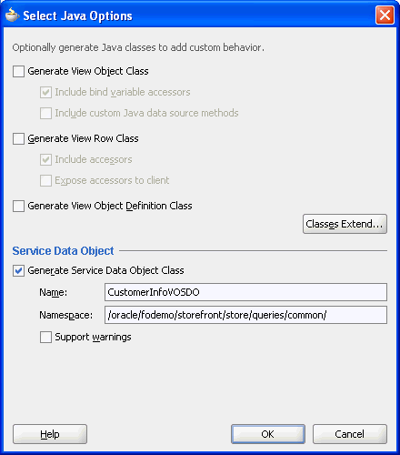 Java dialog for a view object
