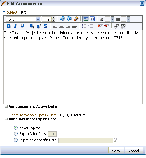 Edit Announcement dialog box