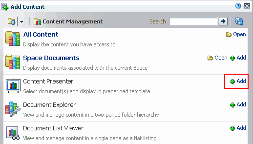 Oracle Composer Catalog: Add Content Presenter task flow