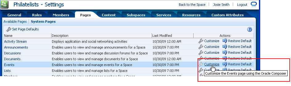 Customize link on a Space system page