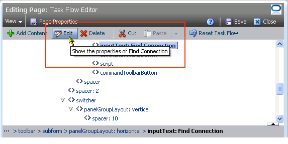 Show the properties of Find Connection icon