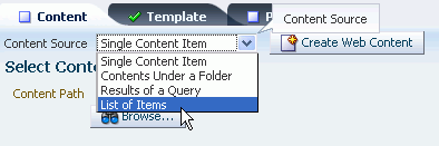 Selecting the Content Source: List of Items