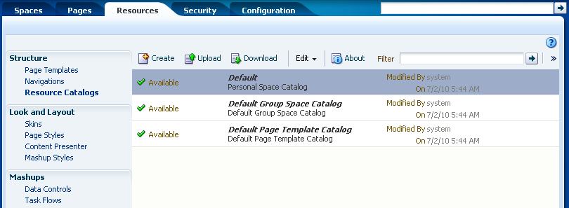 Resource Catalogs Page in the Resource Manager