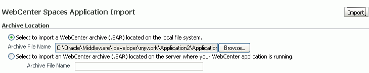 WebCenter Spaces Application Import page