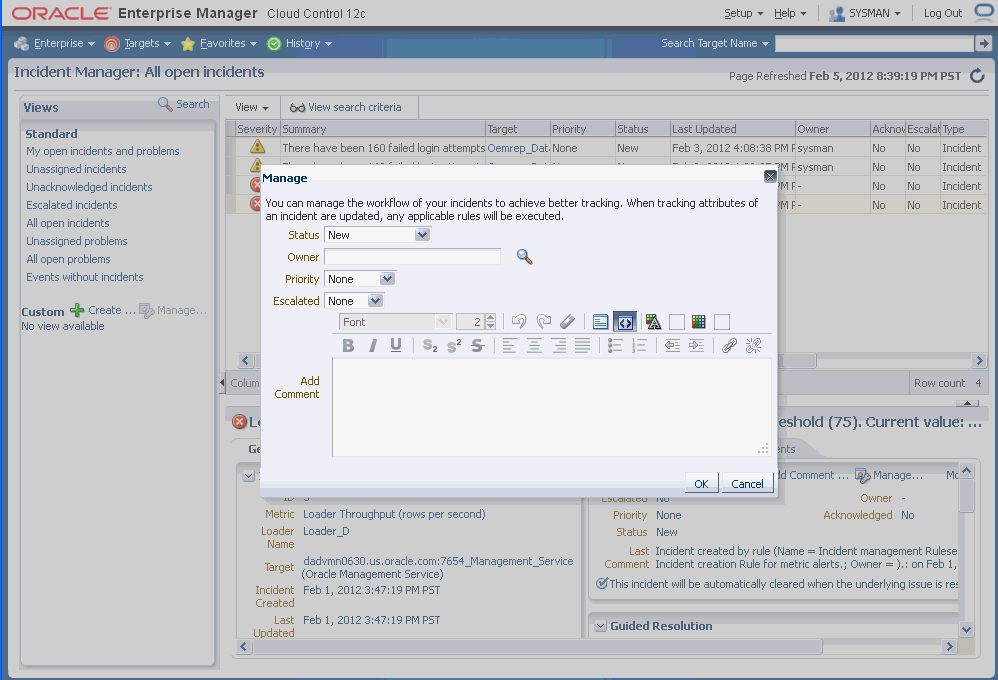 incident mange dialog