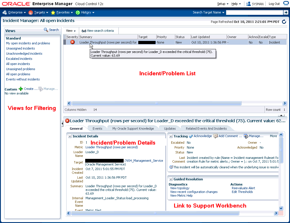 graphic shows incident manager with callouts for problem display.