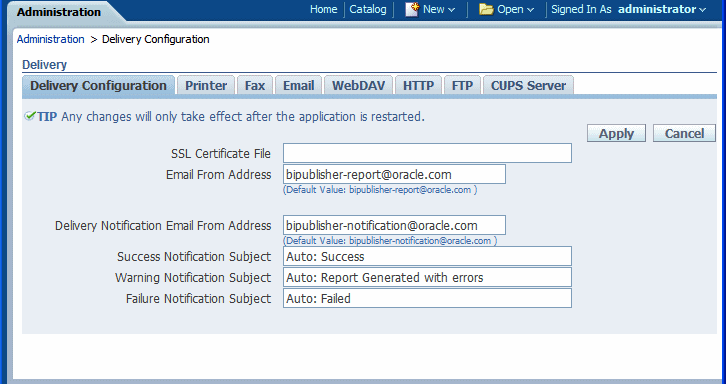 Delivery Configuration page
