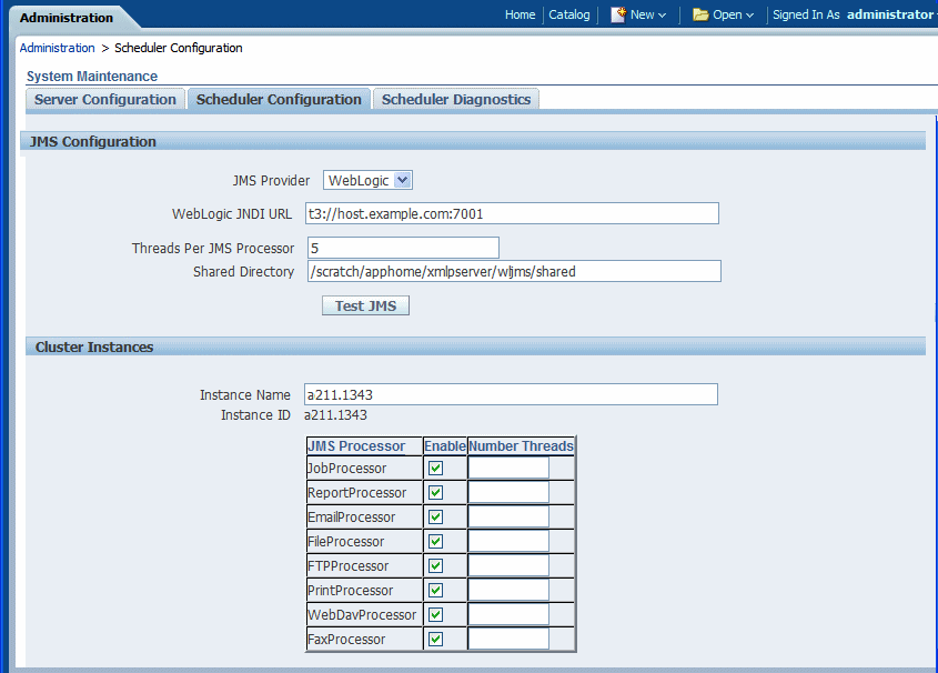 BI Publisher Scheduler configuration page