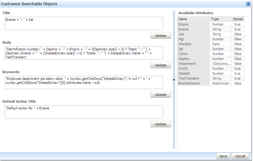 Customize Searchable Objects dialog
