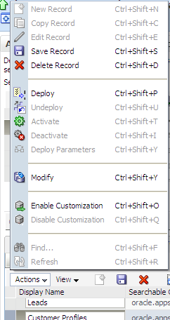 Actions menu showing Enable Customization
