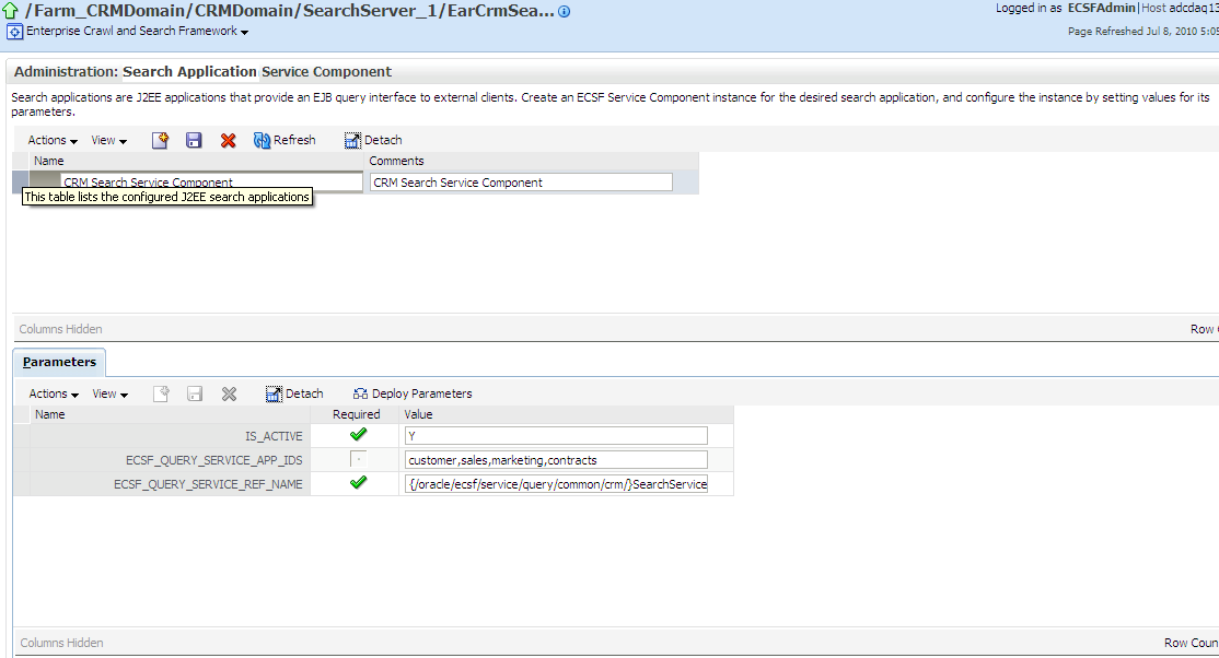 Search Application Service Component administration page
