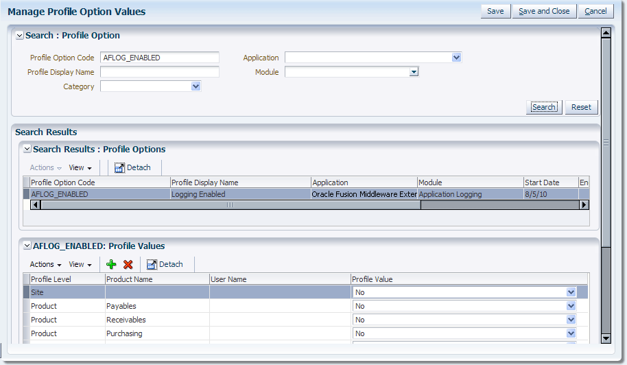 Manage Profile Option Values Page
