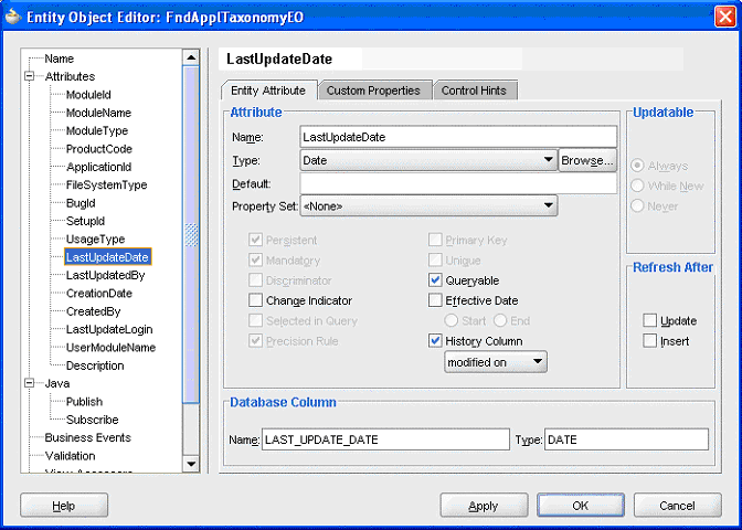 Entity Attribute Wizard: LastUpdateDate