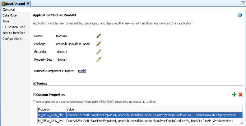 Business intelligence application module custom properties