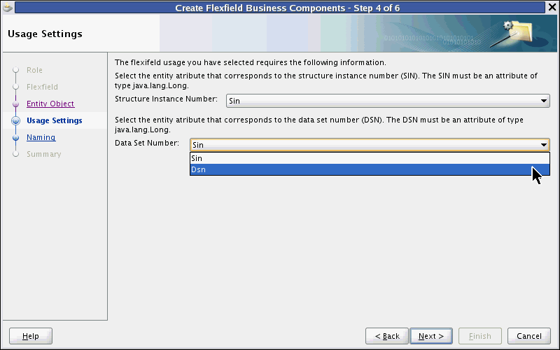 Business Components wizard - Usage Settings page