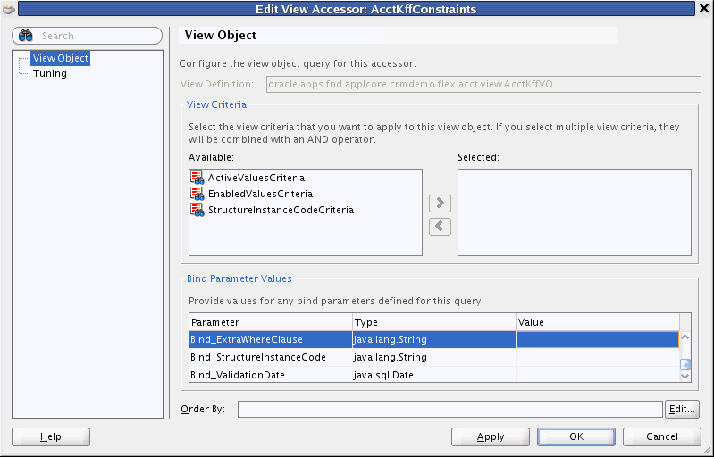 Code combination constraint bind values