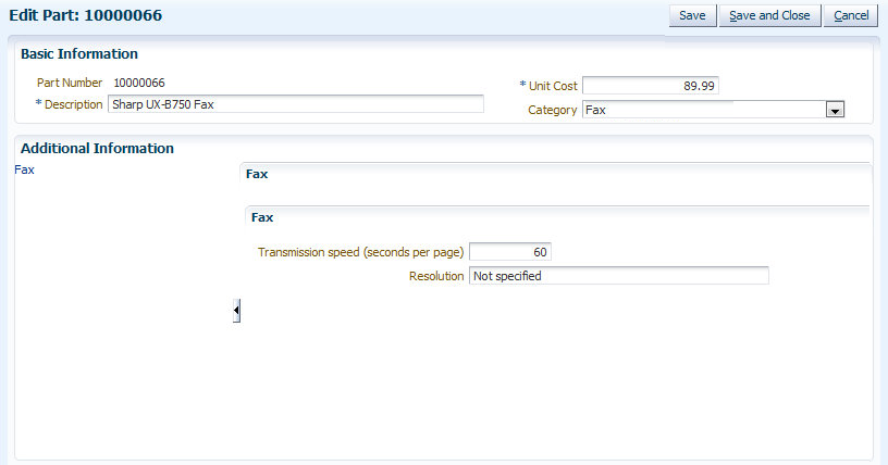 Parts page for Fax category