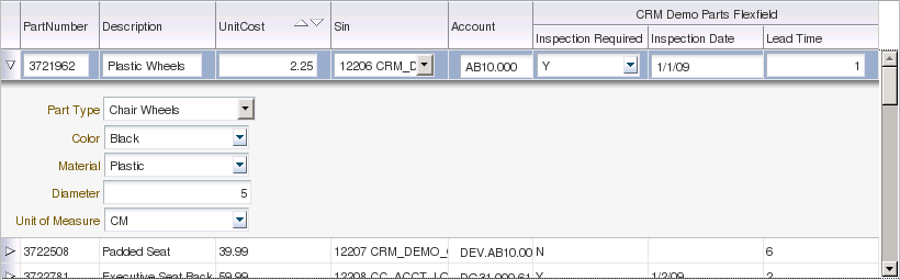 Example of a descriptive flexfield in a table