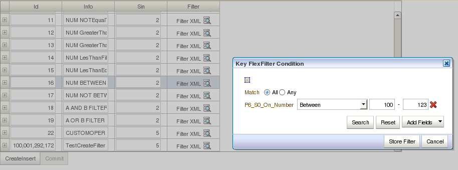 Table-based combination filter UI