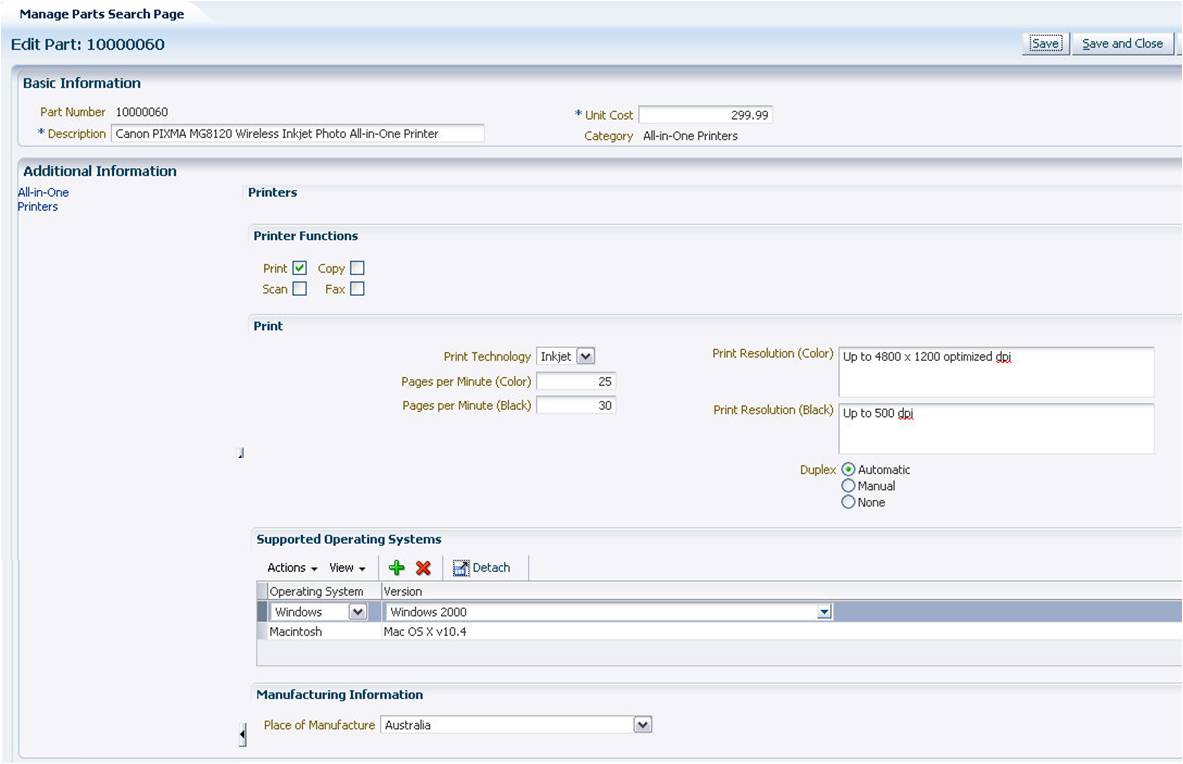 Printers logical page in the parts UI
