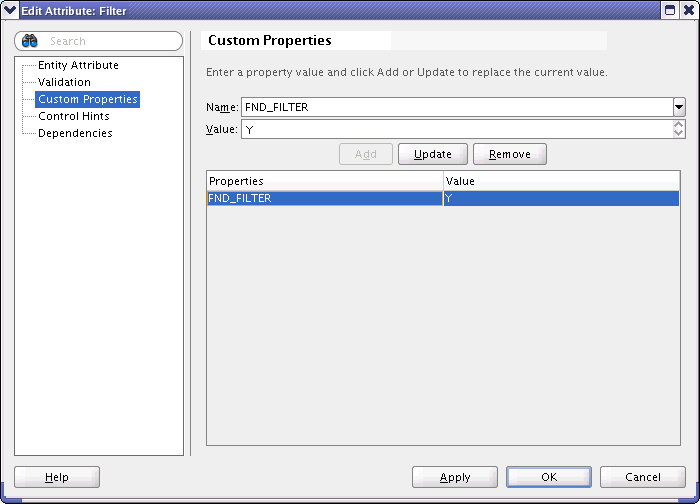 Edit Filter Attribute - Custom Properties page