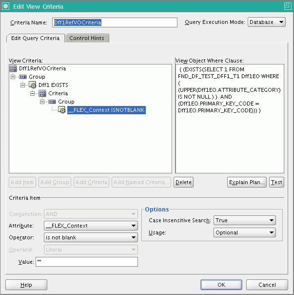 Edit Query Criteria tab of view criteria definition