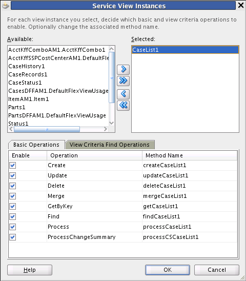 All basic operations selected for master view object