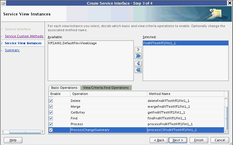 Service Interface wizard - Service View Instances page