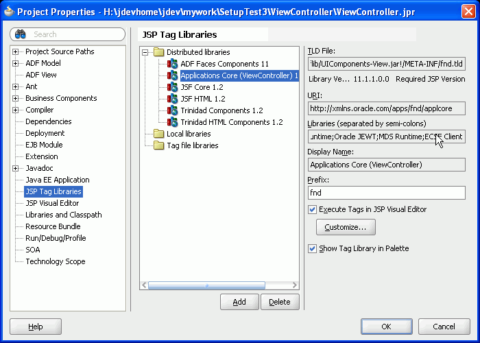 Project Properties - JSP Tag Libraries dialog.