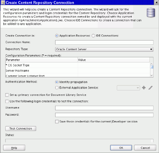 Create Content Repository Connection page.