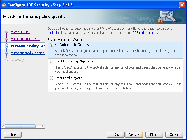 Configure ADF Security - Auto Policy Grants page