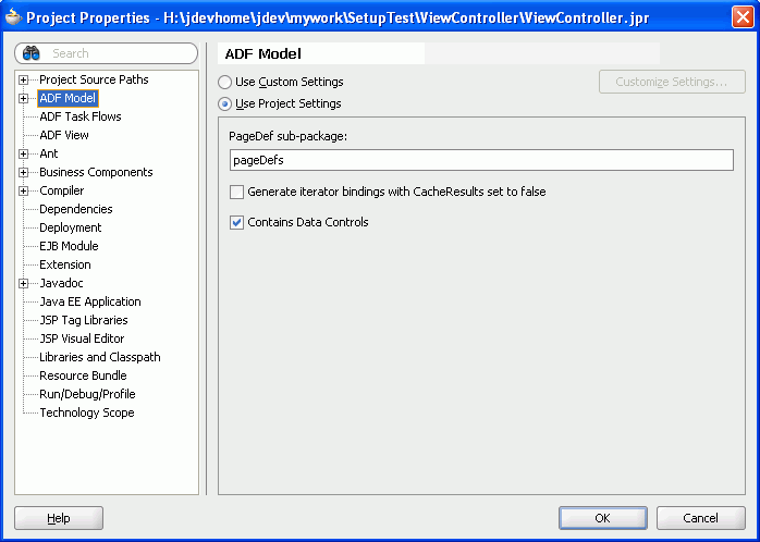 Project Properties - ADF Model dialog.