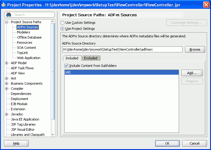 Project Properties - Proj Src Paths: ADFm Srcs.