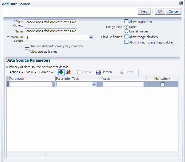 Data Source Parameters text-entry fields