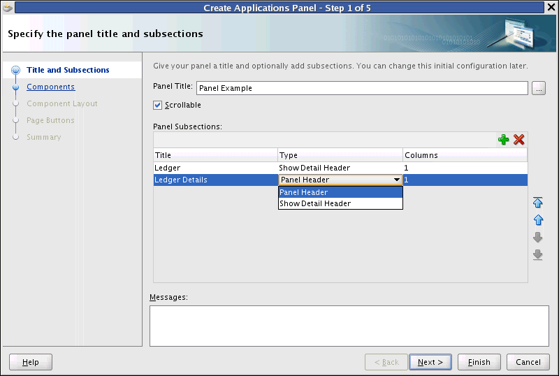 Title and Subsections dialog.