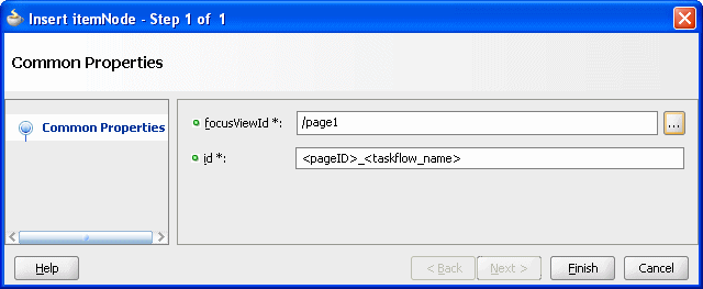 Insert itemNode Common Properties dialog.