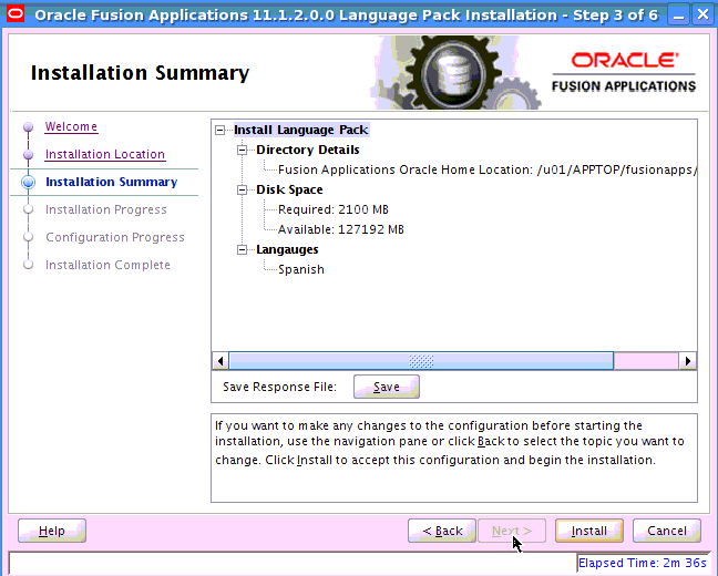 Language Pack Installation Summary screen
